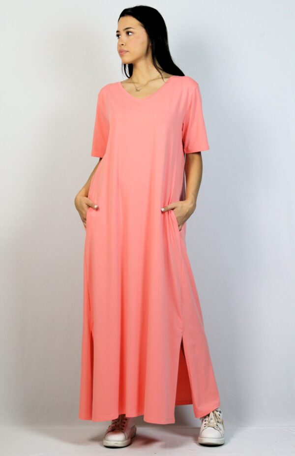 Дълга памучна рокля сьомга с цепки - Image 5