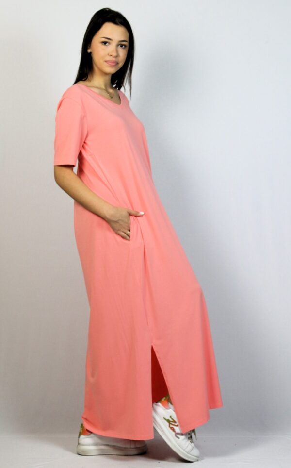 Дълга памучна рокля сьомга с цепки - Image 8