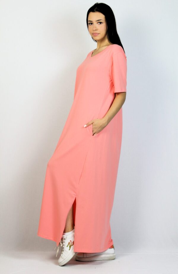 Дълга памучна рокля сьомга с цепки - Image 3