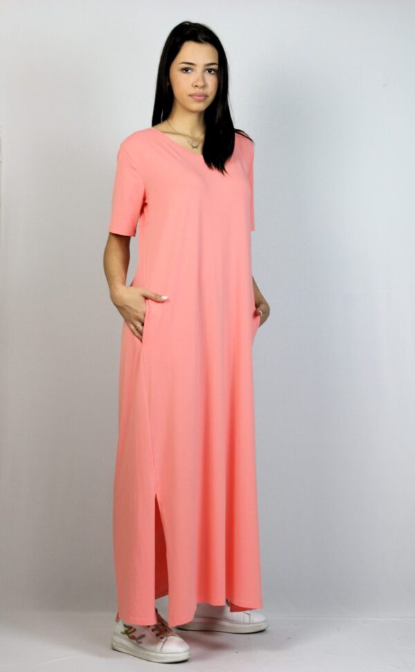 Дълга памучна рокля сьомга с цепки - Image 4