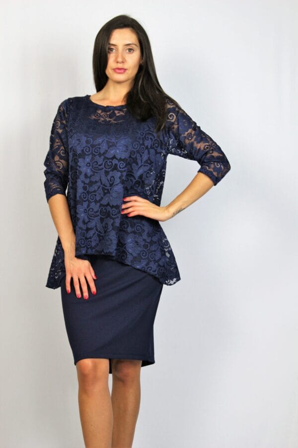 Комплект СТИЛ-Рокля и Туника от дантела тъмносин - Image 3