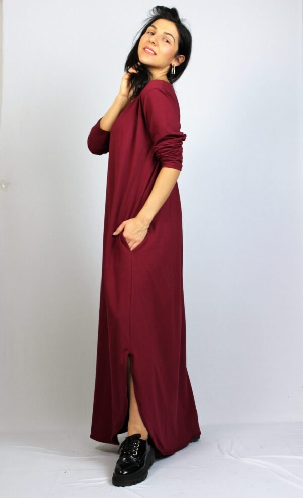 Дълга памучна рокля  бордо - Image 5