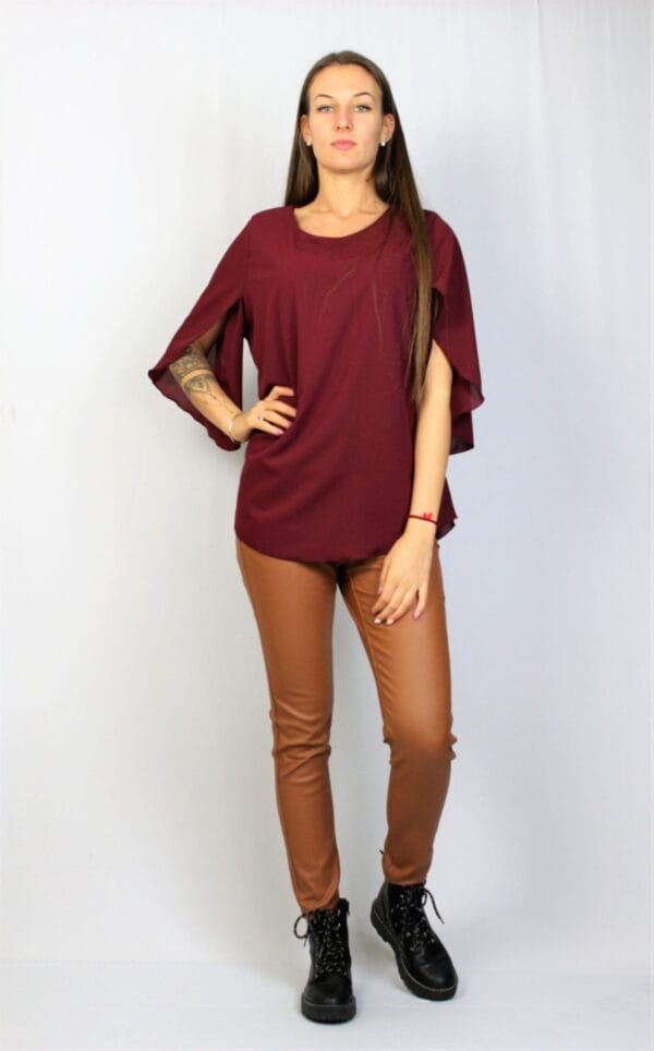 Туника шифон с асиметричен ръкав бордо - Image 5