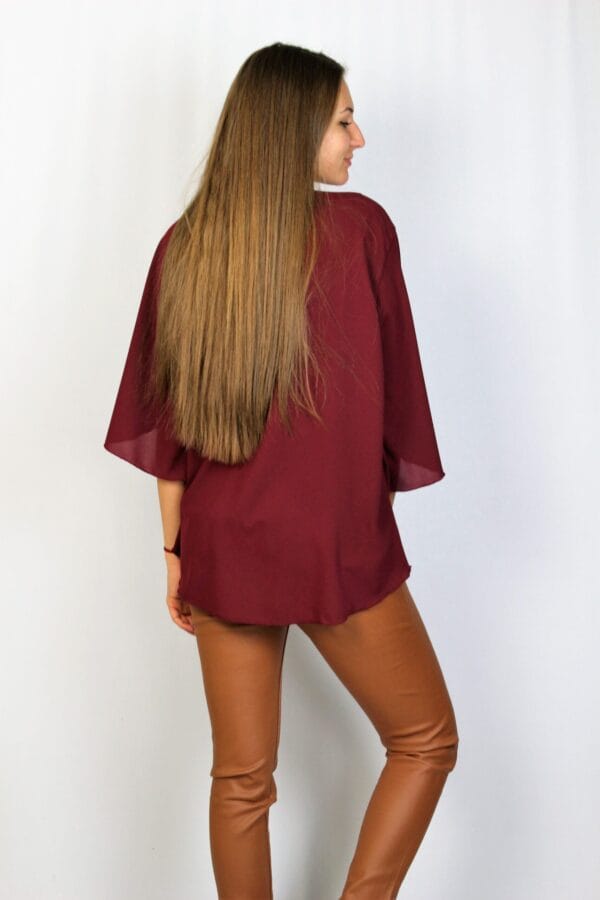 Туника шифон с асиметричен ръкав бордо - Image 4
