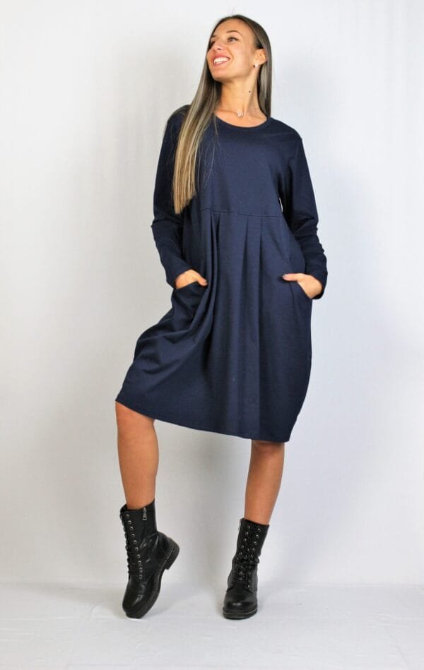 Памучна рокля с чупки тъмносиня - Image 10