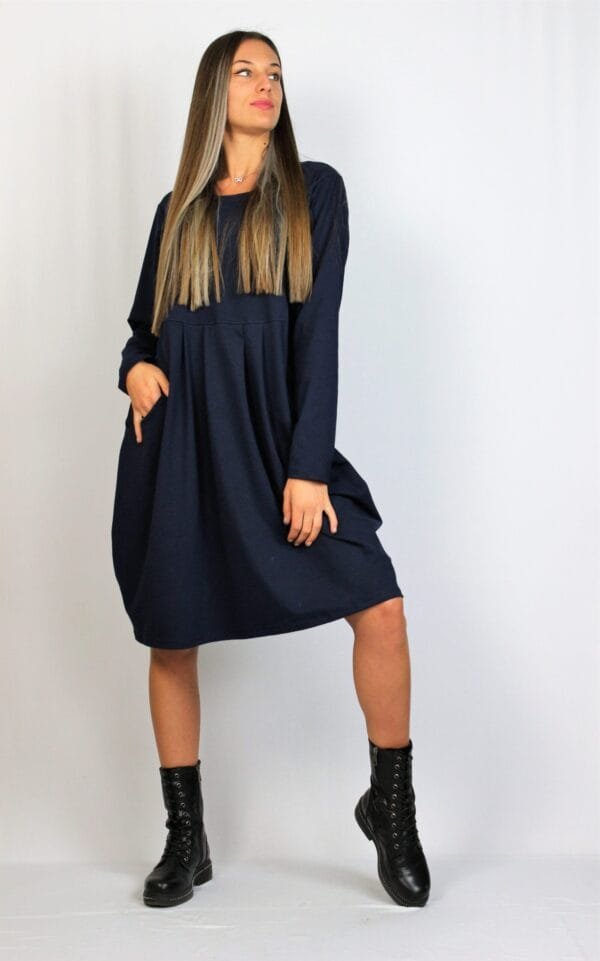 Памучна рокля с чупки тъмносиня - Image 8