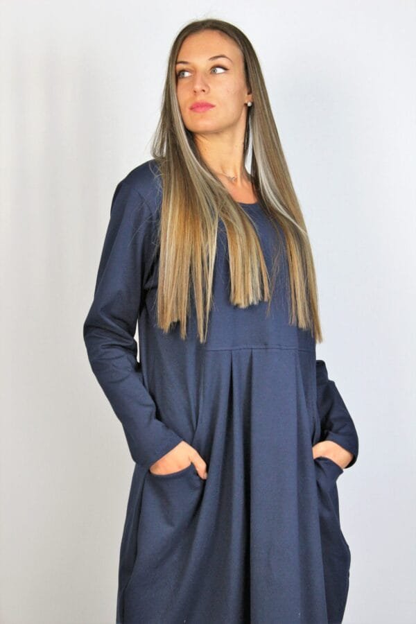 Памучна рокля с чупки тъмносиня - Image 9