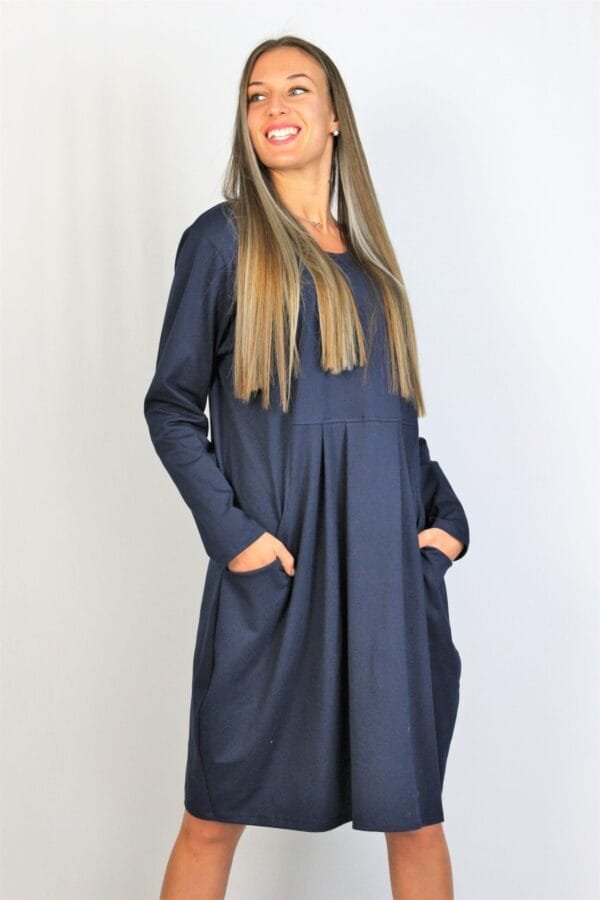 Памучна рокля с чупки тъмносиня - Image 7