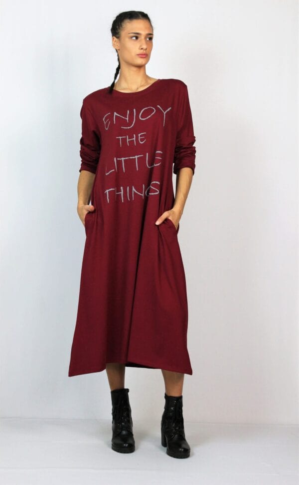 Свободна памучна рокля с щампа бордо - Image 3