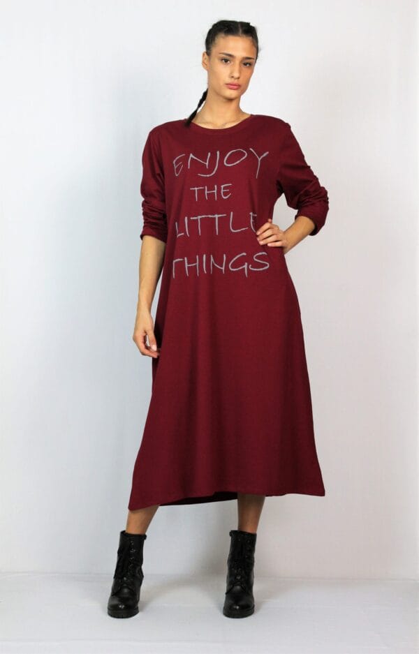 Свободна памучна рокля с щампа бордо - Image 6