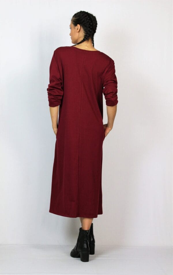 Свободна памучна рокля с щампа бордо - Image 5