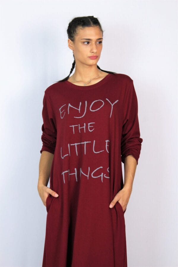 Свободна памучна рокля с щампа бордо - Image 4