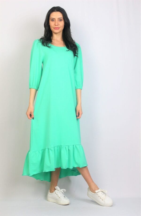 Рокля памук с къдра  ментовозелена - Image 3
